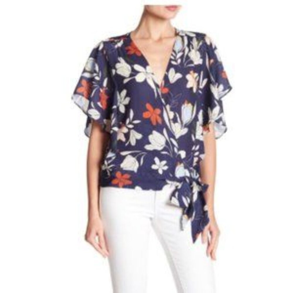 Parker Delfina Navy "Night Floral" Wrap Blouse, XS